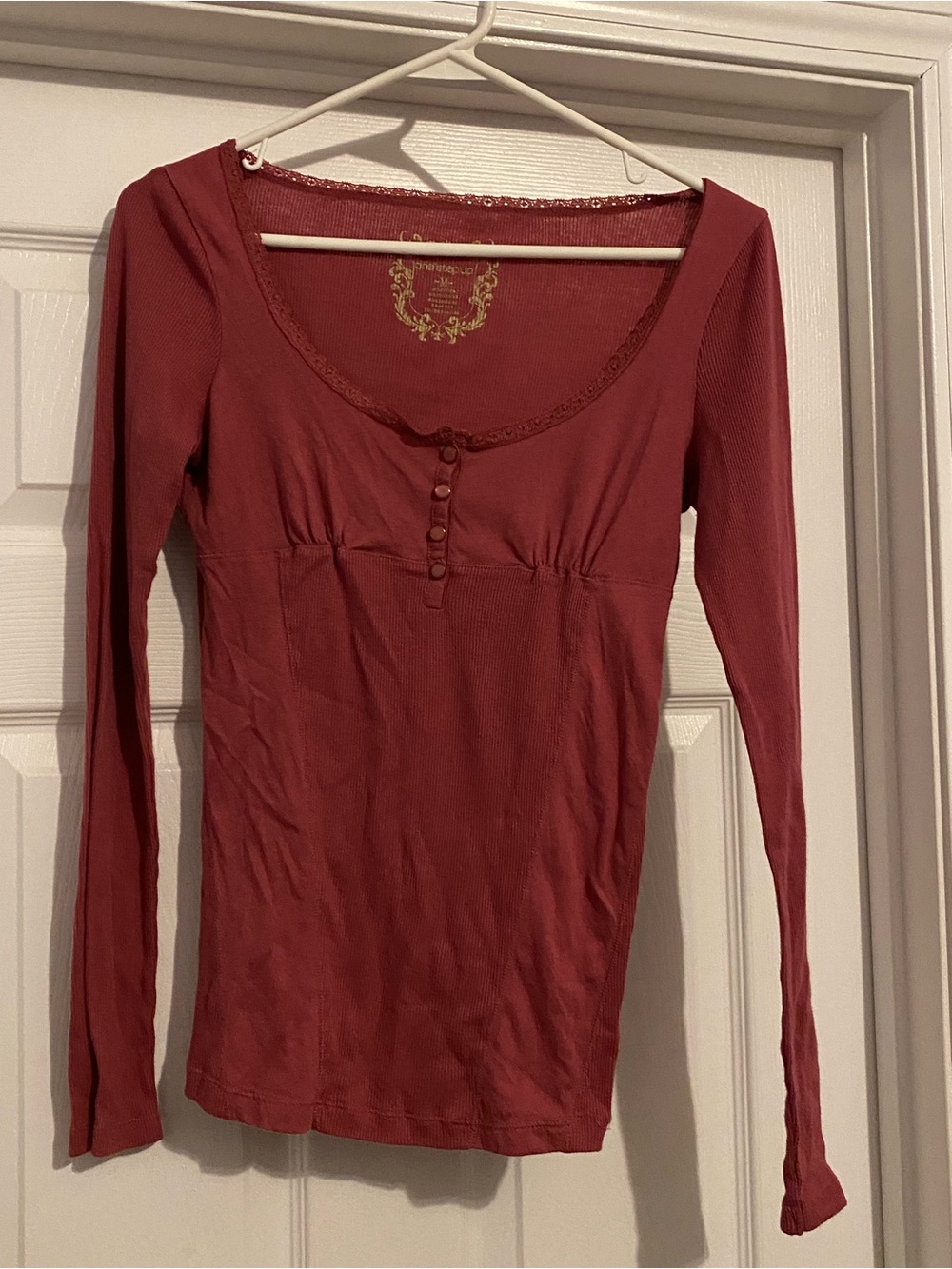 Vintage One Step Ahead Long-Sleeve Scoop Neck Top in Brick Red